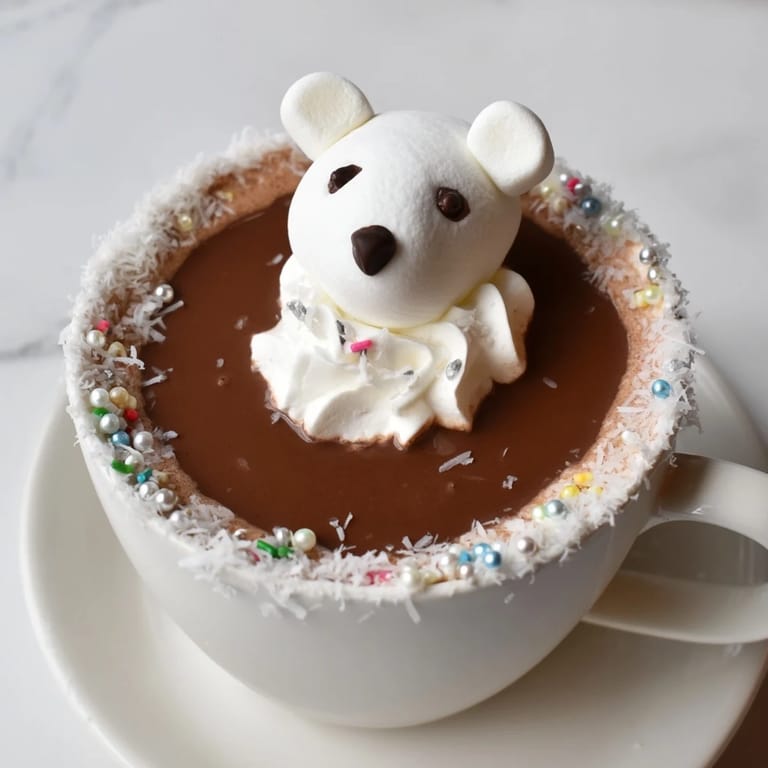 Rich, decadent Polar Bear Hot Chocolate Platter, served with whimsical toppings like chocolate chip eyes.