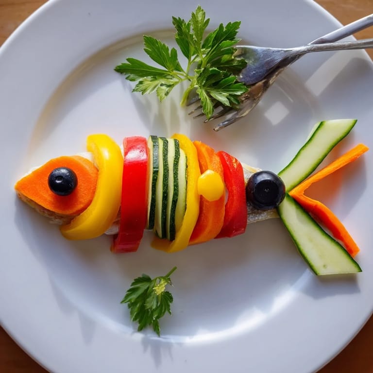A delightful presentation of a light fish-shaped meal featuring perfectly cooked fish and fresh vegetables, ready to serve.