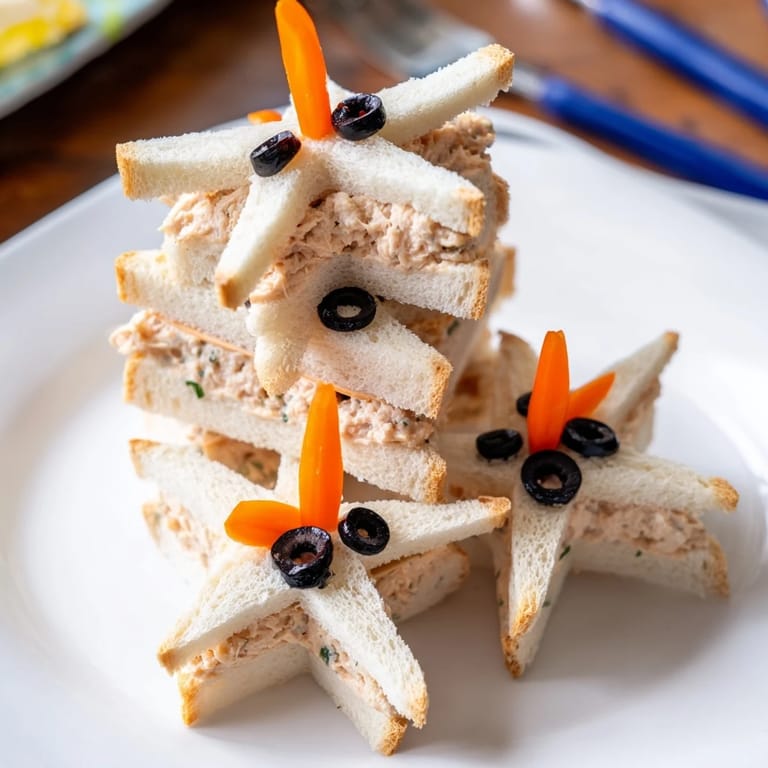 A platter of festive mini starfish sandwiches with caper "decorations" and carrot star points.
