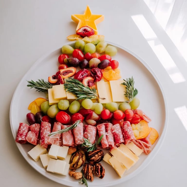 Vibrant Festive Holiday Tree Appetizer Platter showcasing a holiday spread of cheeses and savory treats.