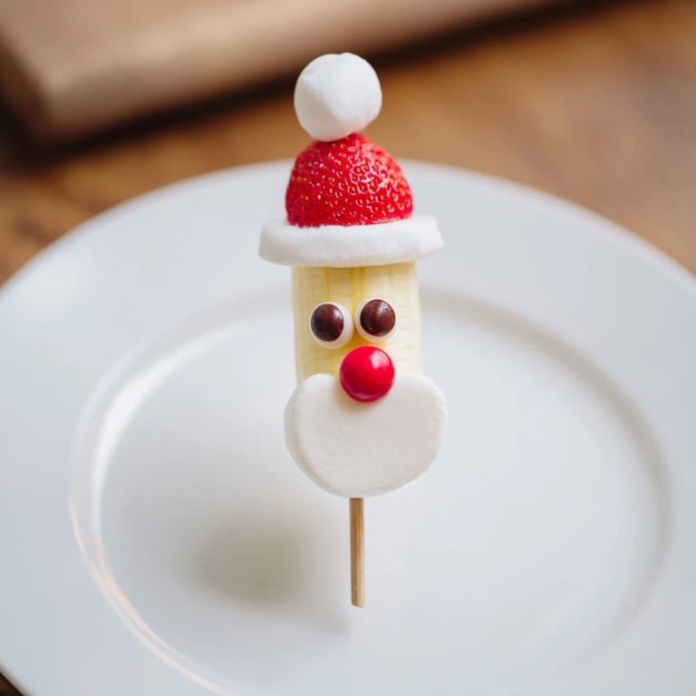 Freshly assembled Banana Santa Snack Sticks with strawberry hats and chocolate chip eyes, perfect for parties.