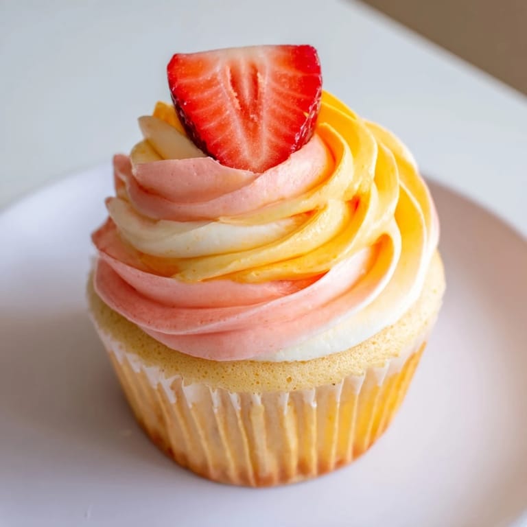 Freshly baked Mango Strawberry Sunset Cupcakes, boasting tropical flavors and sunset swirl frosting, a delight.