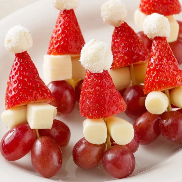 Vibrant Santa Hat Fruit and Cheese Platter: delicious mozzarella, juicy strawberries, and grapes perfect for a holiday snack.