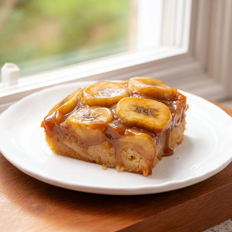 Golden-brown banana bread cake, featuring a caramelized banana topping, ready to be served.