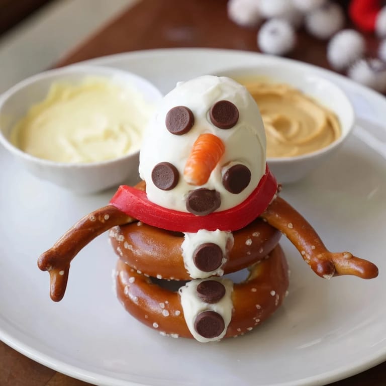 Delicious snowman pretzel creations showcased with vibrant garnishes and a selection of savory dips for dipping.