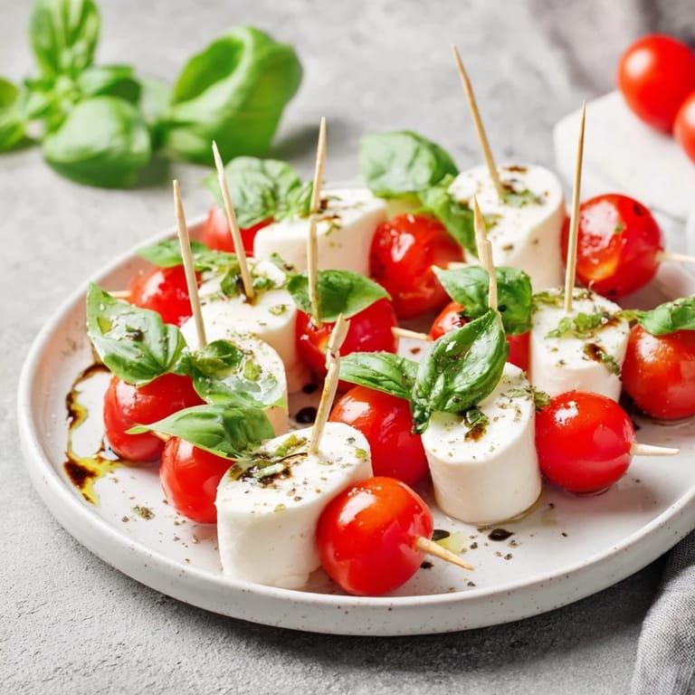 Golden olive oil glistens on these vibrant Caprese skewers with melted mozzarella stars.