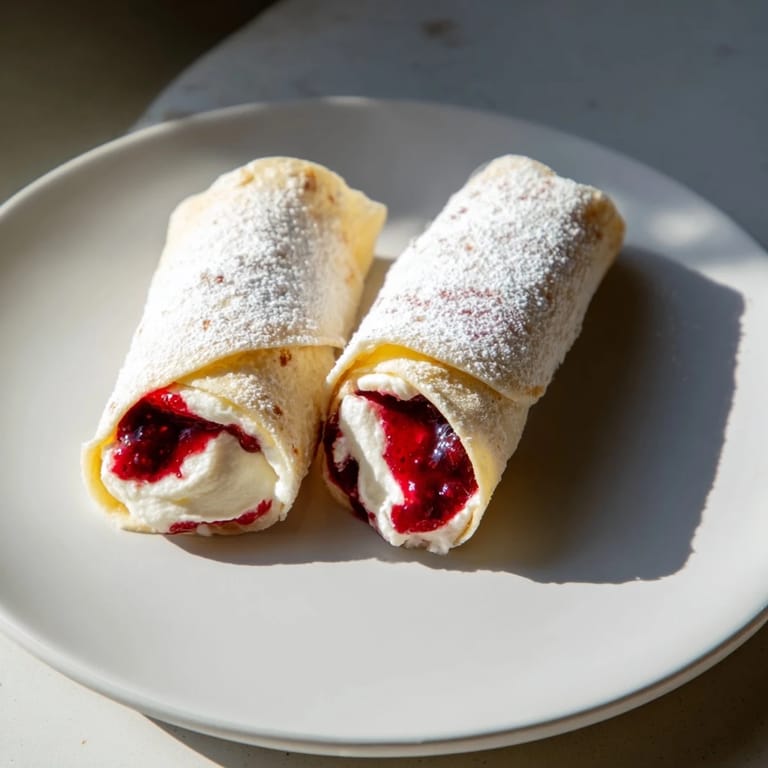 A close-up view of halved Snow Angel Tortilla Wraps reveals creamy cheese and berry jam filling.