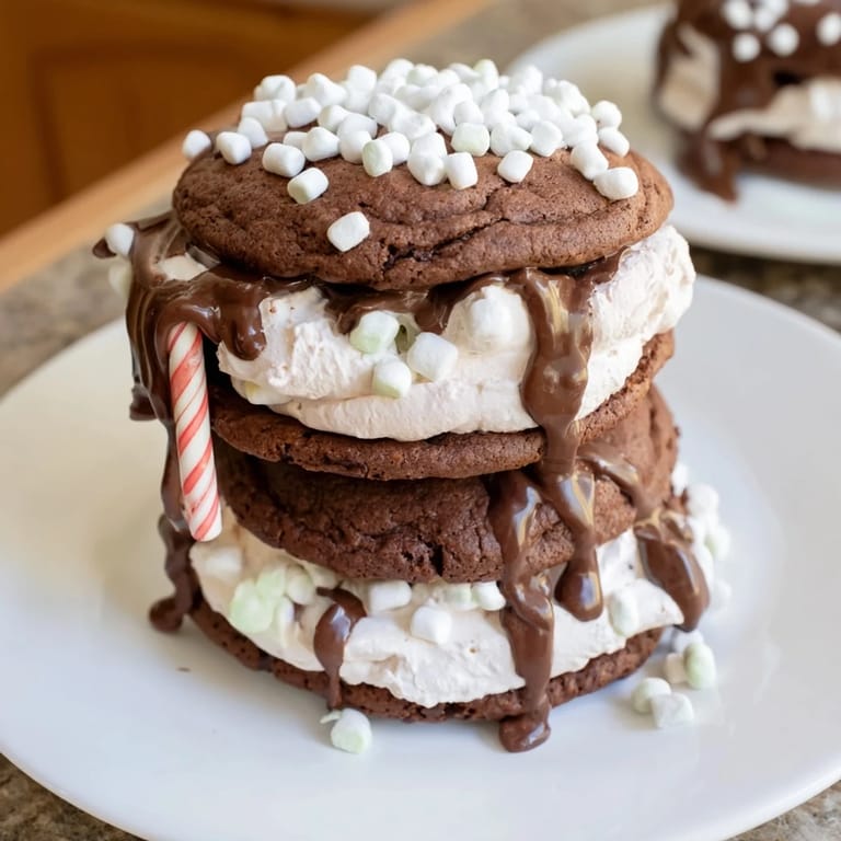 Sweet, comforting image of a fully assembled Hot Cocoa Mug Cookie Stack, ready to enjoy with a friend.