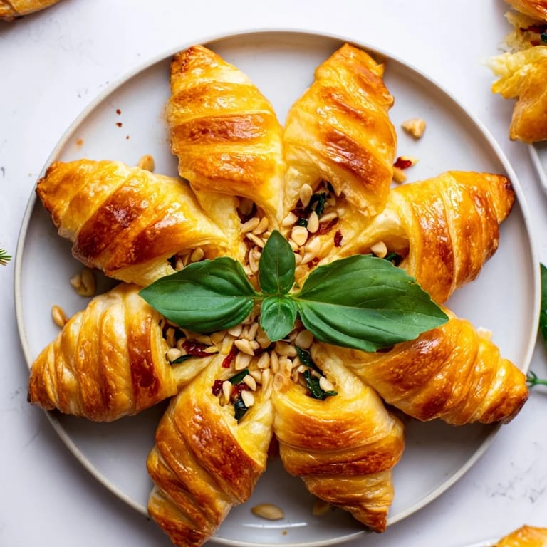 Festive, baked Poinsettia Puff Pastry Appetizer, showing beautiful, twisted pastry petals and garnished with fresh basil.