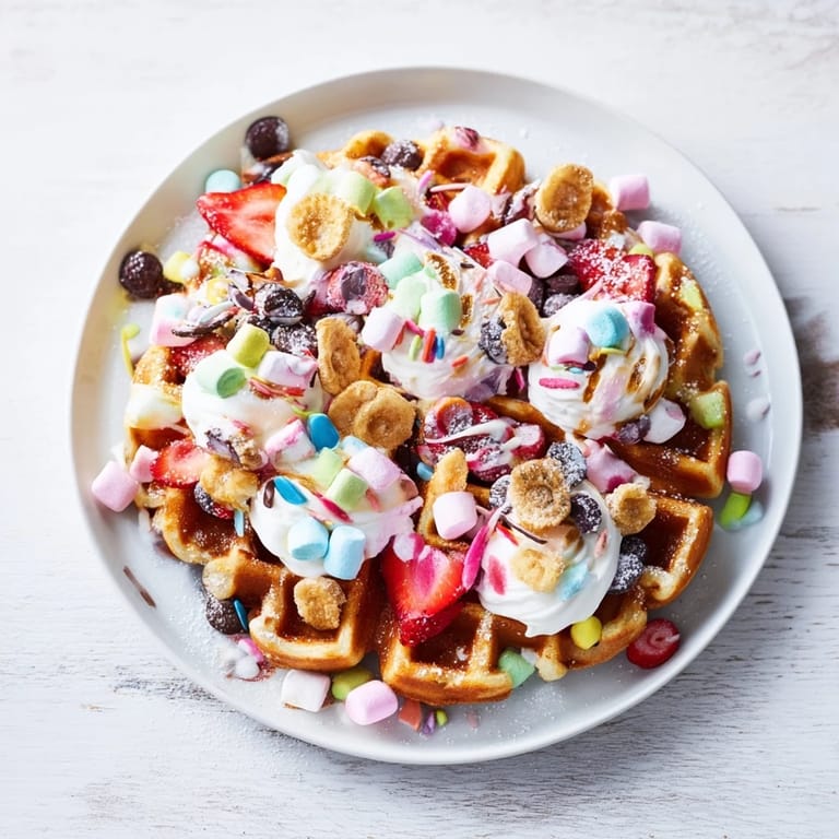 Golden-brown gingerbread house waffles on a plate, surrounded by colorful candies and fruits to decorate.