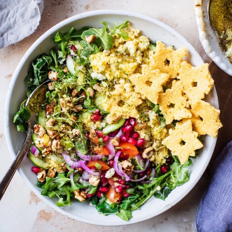 A stunning close-up of the Winter Salad: colorful vegetables, feta, and crunchy snowflake chips.
