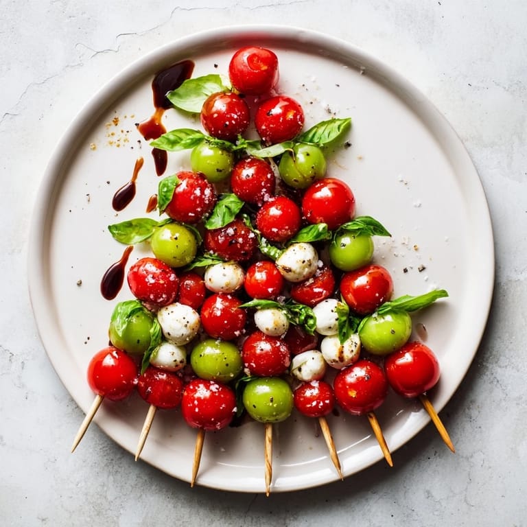 Delicious Caprese Skewer Tree with colorful tomatoes, mozzarella bites, and olive oil drizzle, perfect for a party.