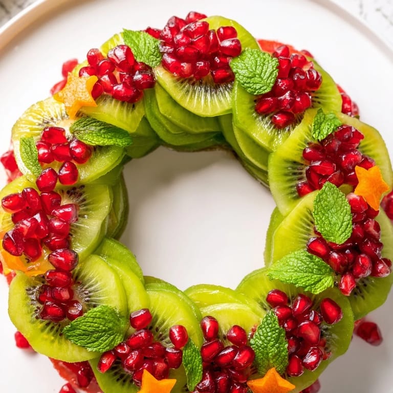 Festively arranged Kiwi and Pomegranate Christmas Wreath fruit platter, perfect for a fresh, colorful holiday appetizer.