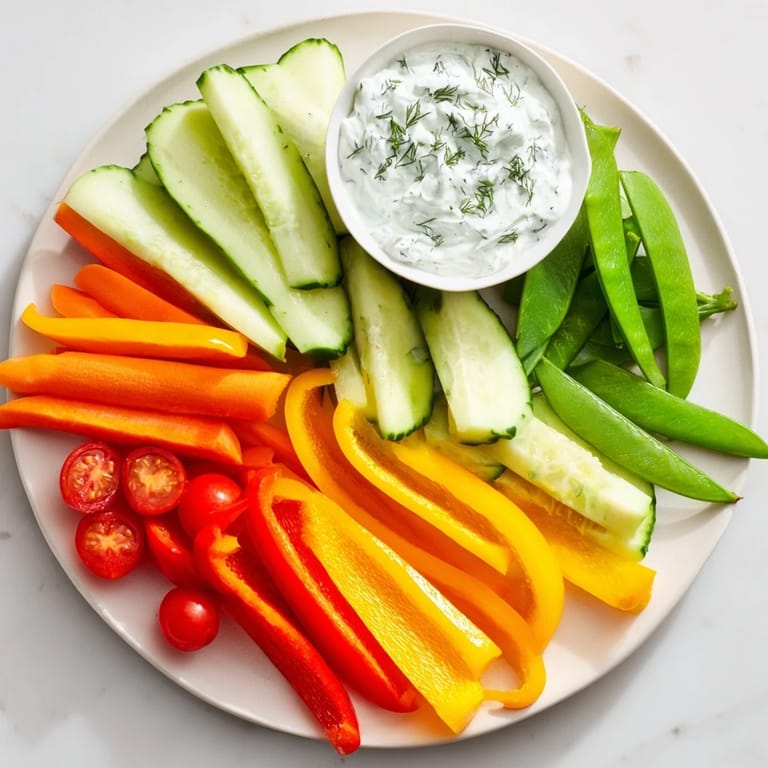 A beautifully arranged Veggie Platter showcasing a fan of cucumber and carrots with a creamy yogurt dip.