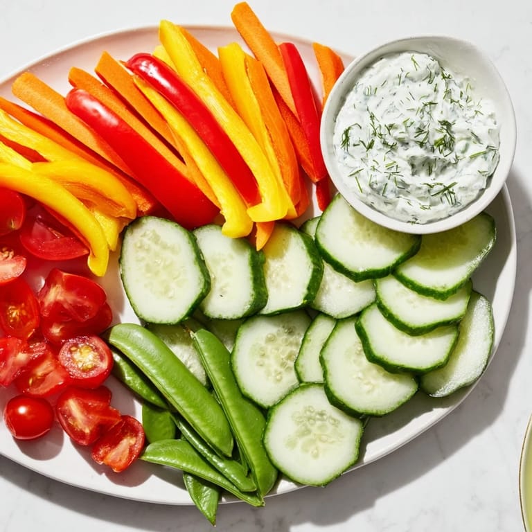 Vibrant Veggie Platter displays crisp cucumber and carrot slices with a flavorful herb yogurt dip, ready to enjoy.
