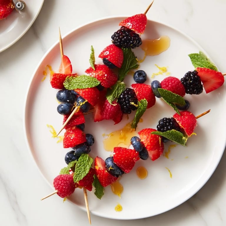 Simple berry and mint skewers, a lovely summer treat with juicy strawberries and blueberries on a stick.