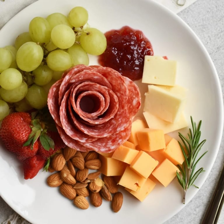 This beautiful Easy Charcuterie features a salami rose, creamy brie, and crunchy almonds ready for enjoying.