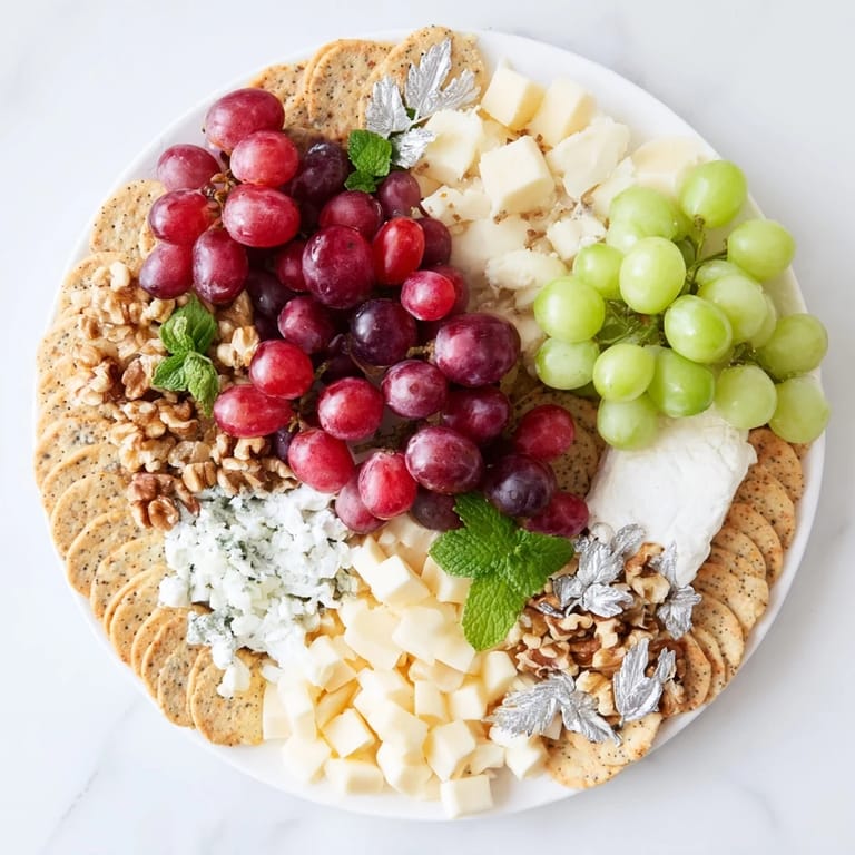 A close-up of a colorful Sparkling Grape and Silver Cracker Platter with honey and nuts visible.