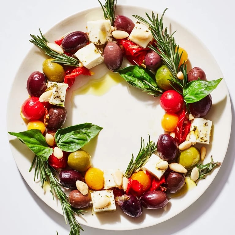 Appetizing Olive and Cherry Tomato Garland Board: a Mediterranean appetizer bursting with fresh flavors and color.