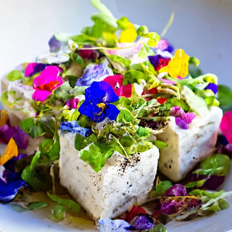 Vibrant edible flowers and microgreens crown the cheese cubes in the elegant The Secret Garden.