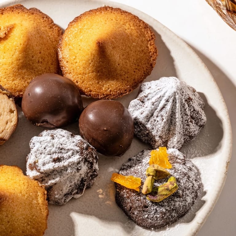 Golden-brown Financiers and cocoa-dusted truffles next to Lemon Madeleines on a tray of Mignardises Bonne Année 2026.