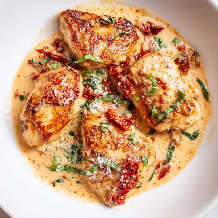 A close-up view of the delicious Creamy Sun-Dried Tomato Chicken Skillet, garnished with fresh basil.