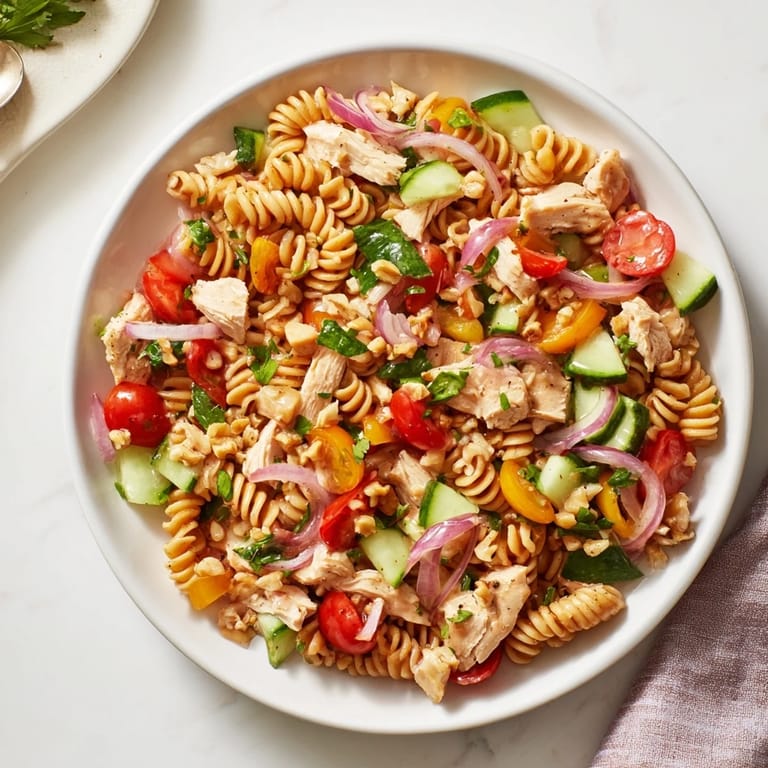 Hearty American-style Pasta Salad with Cranberry Vinaigrette featuring chicken and vegetables, ready to eat.