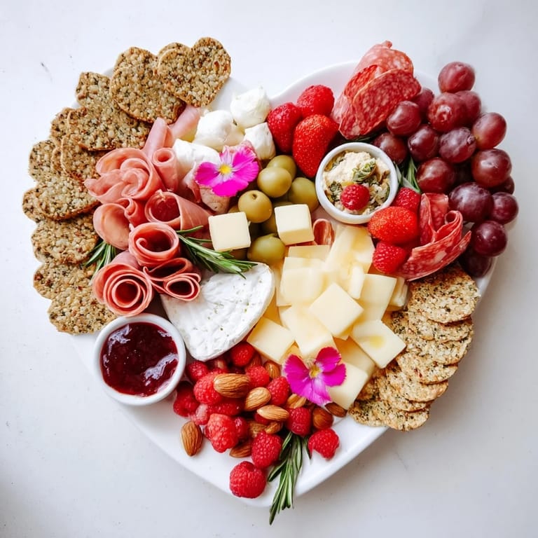 This heart-shaped charcuterie board: Featuring vibrant fruits and assorted cheeses, ideal for sharing with friends and romantic occasions.