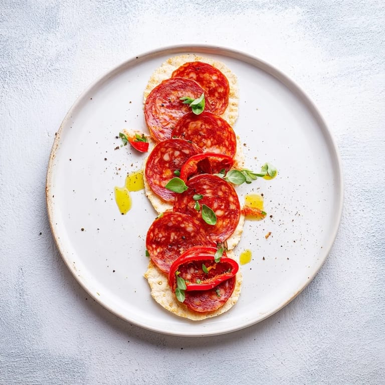 Spicy chorizo, sweet cherries, and red peppers make The Crimson Tide appetizer visually appealing, ready to serve.