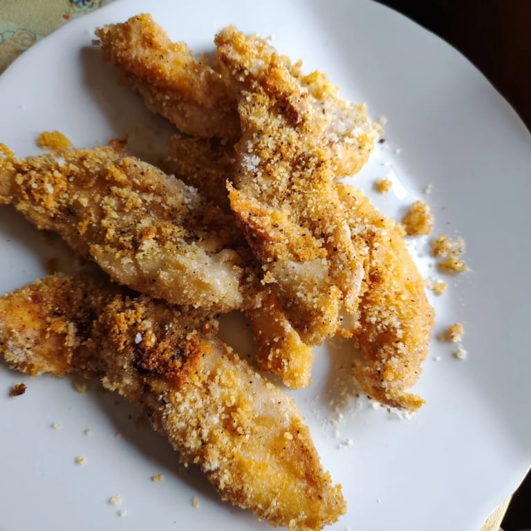 Close-up of air-fried chicken tenders glistening and crunchy, a healthier take on crispy chicken fingers.