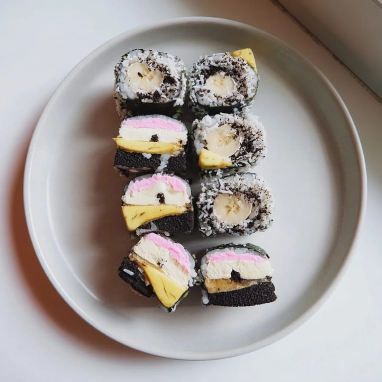Close-up of freshly made Oreo Cookie Sushi Rolls, perfect for a fun, easy American dessert party.
