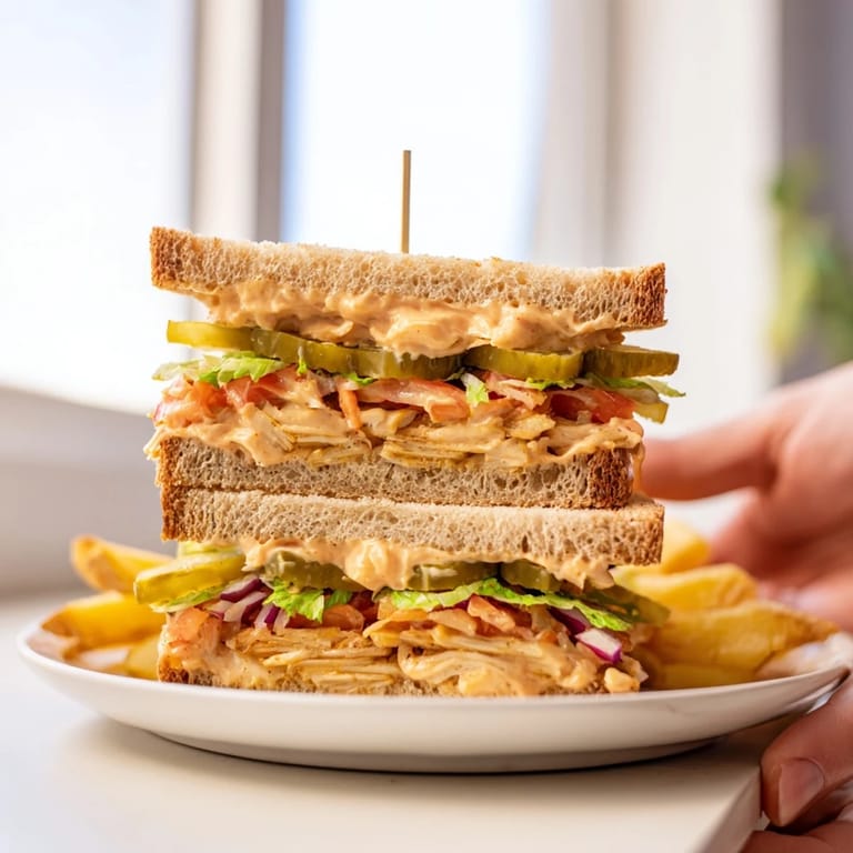 Enjoy the crunch: A generously stacked Crunchy Dill Pickle Sandwich bursting with colorful vegetables ready for lunch.