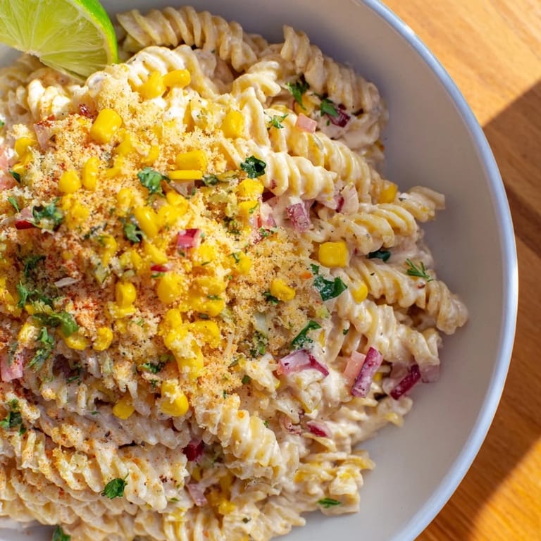 Delicious, homemade Creamy Street Corn Pasta Salad: a summer side dish with Mexican flavors.