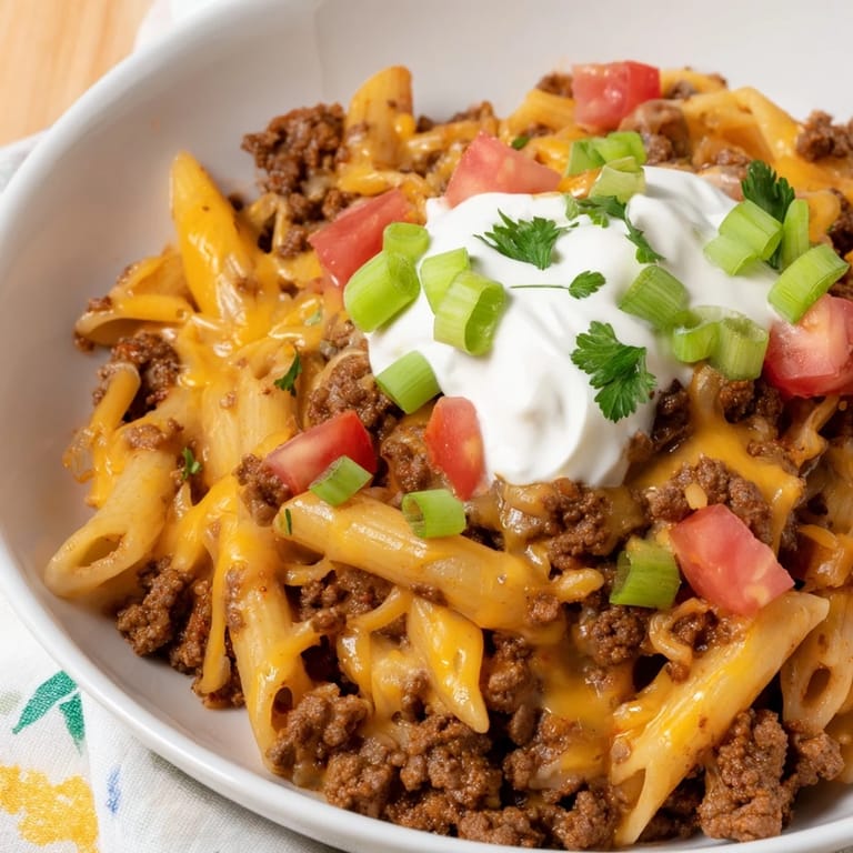 A comforting bowl of one-pot taco pasta, served with fresh cilantro and a dollop of cool sour cream.