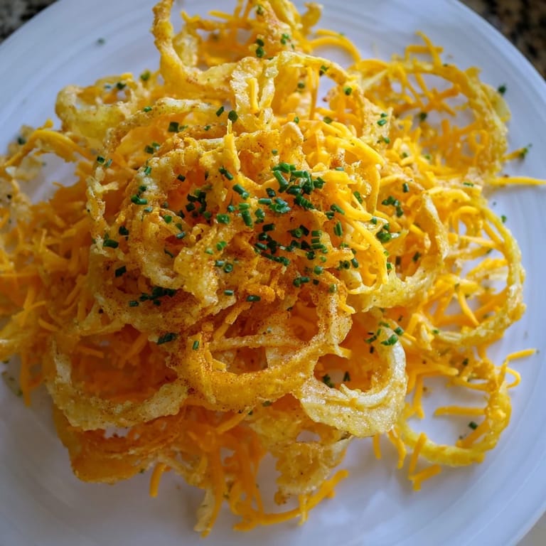 Crispy Onion Cheese Chips boasting layers of melty cheese atop perfectly fried, thin onion rings.