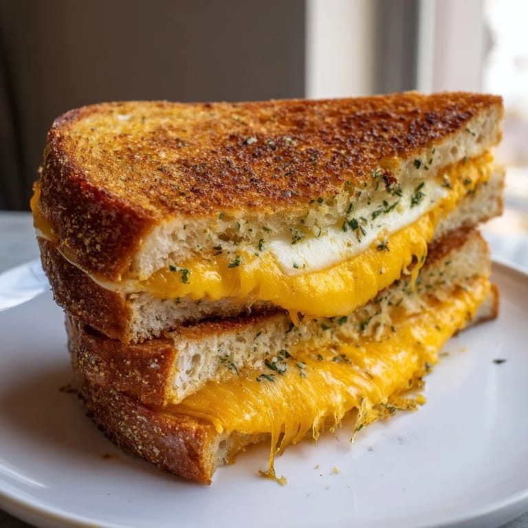 A perfectly browned Garlic Butter Mayo Grilled Cheese, a vegetarian comfort food classic, served hot and inviting.