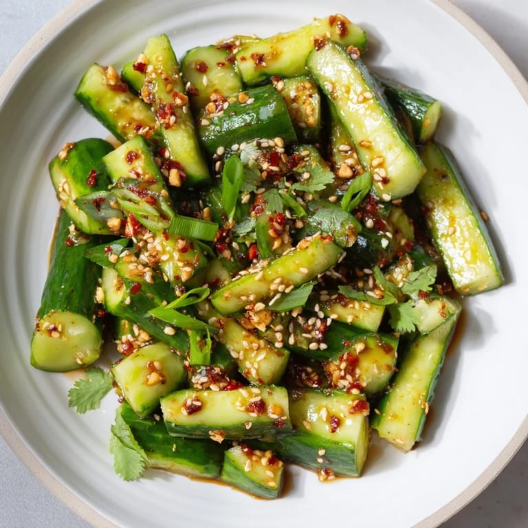 A bowl of bright Chinese Spicy Smashed Cucumber Salad, perfect as a light vegan appetizer with your meal.