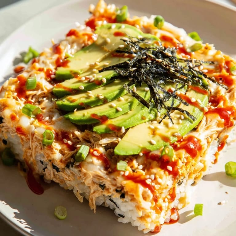 Warm, bubbling Chicken Sushi Bake showcasing shredded chicken atop seasoned rice and melted cheese.
