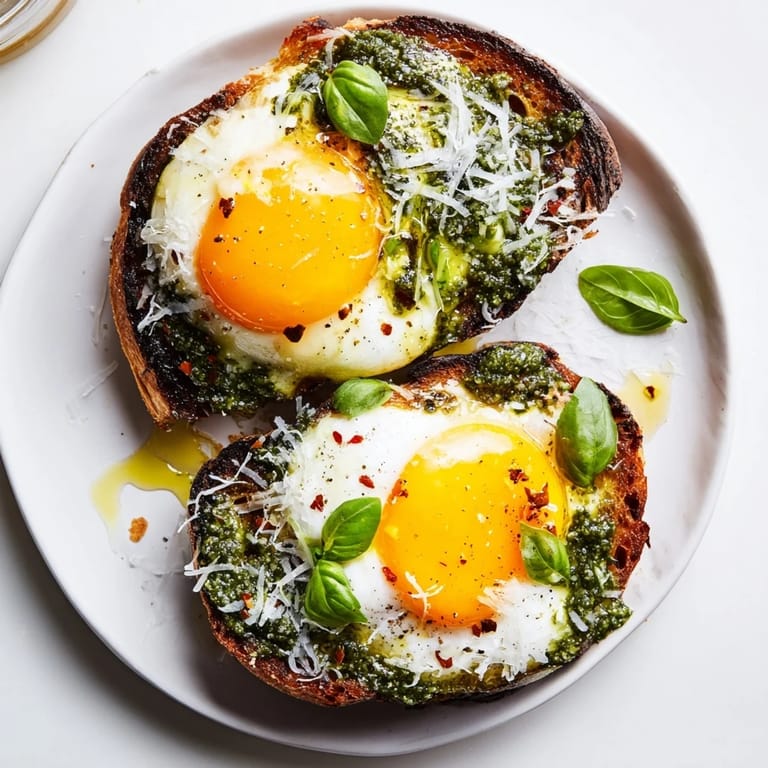 Fresh basil pesto egg toast with a sprinkle of Parmesan, ready to enjoy as a simple brunch.