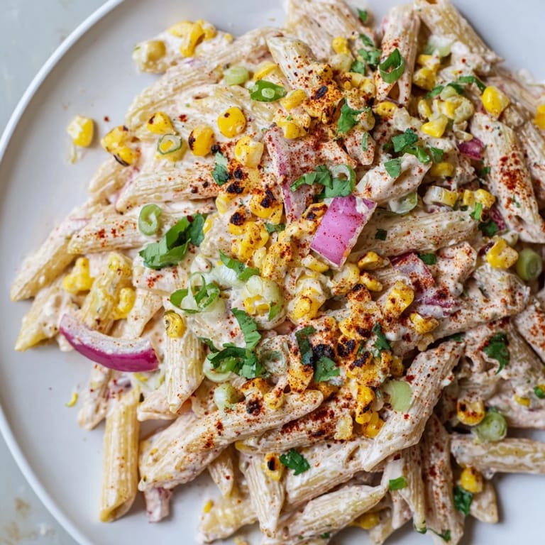 This image displays a brightly colored bowl of Mexican Street Corn Pasta, perfect for a summer side.