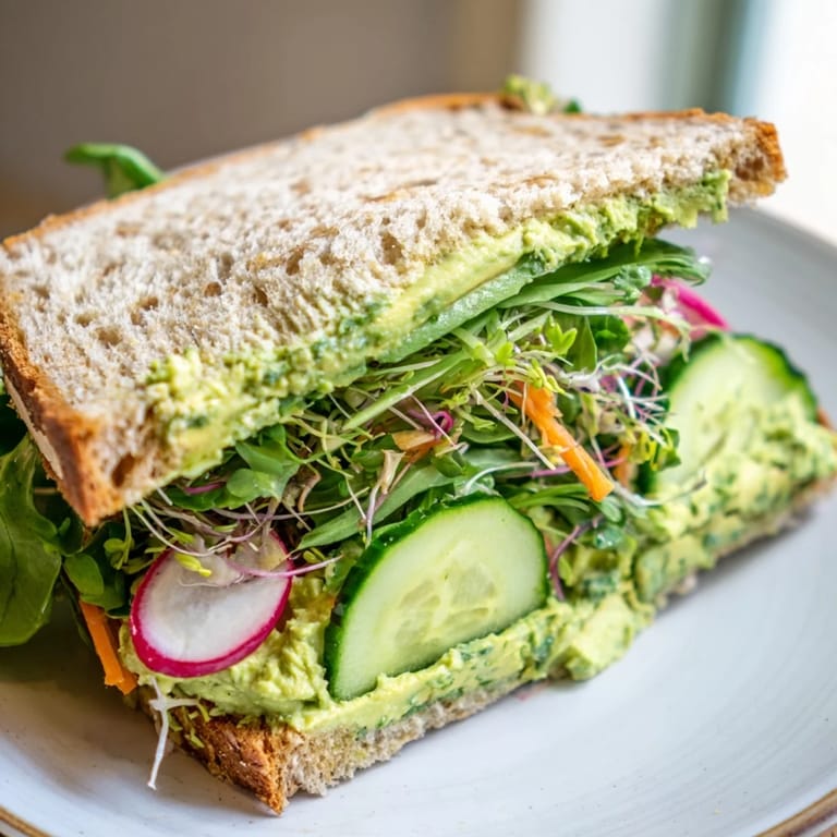 A hearty Green Goddess Sandwich, packed with colorful vegetables, ready for a delicious vegetarian lunch.