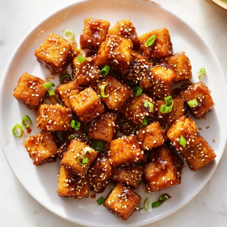 This warm photo shows a plate of Honey Gochujang Tofu, garnished with sesame seeds and green onions.