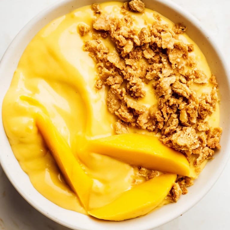 Enjoy a spoonful of chilled, blended Mango Overnight Oats, promising a tropical breakfast treat.