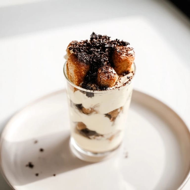 Individual glasses of deconstructed tiramisu shots capture the essence of tiramisu with a light, airy texture.