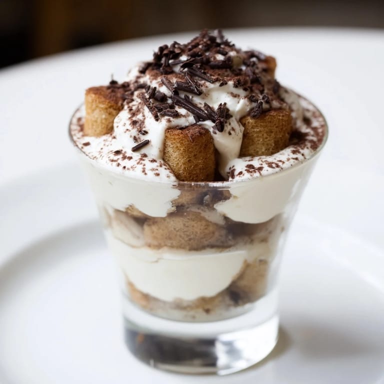 These elegant deconstructed tiramisu shots showcase fluffy cream, cocoa dust, and ladyfingers, perfect for dessert.