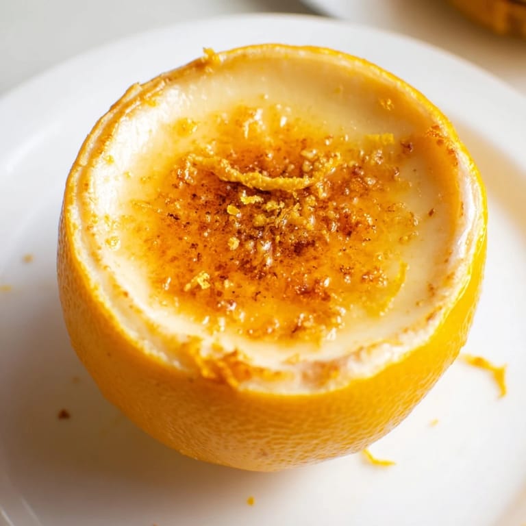 Vibrant yellow Lemon Brûlée Posset dessert, nestled in lemon halves, offering a zesty, creamy texture.