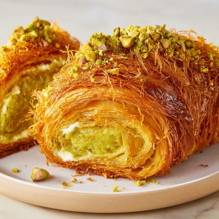 These baked Pistachio Cream Croissants feature a rich pistachio filling inside a buttery croissant.