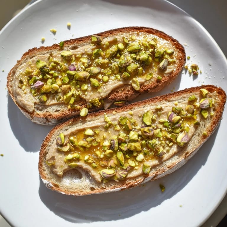 Delicious pistachio butter toast topped with honey and pistachios, ready to be enjoyed.
