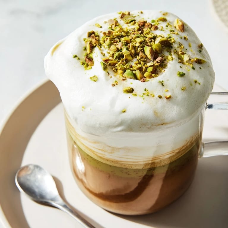 Enjoy a luxurious, frothy Pistachio Latte, featuring nutty flavors and a delicate whipped topping.