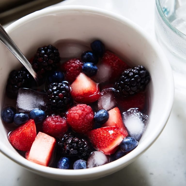 Bright, chilled Nature's Cereal Bowl featuring mixed berries and clear coconut water for a healthy snack.